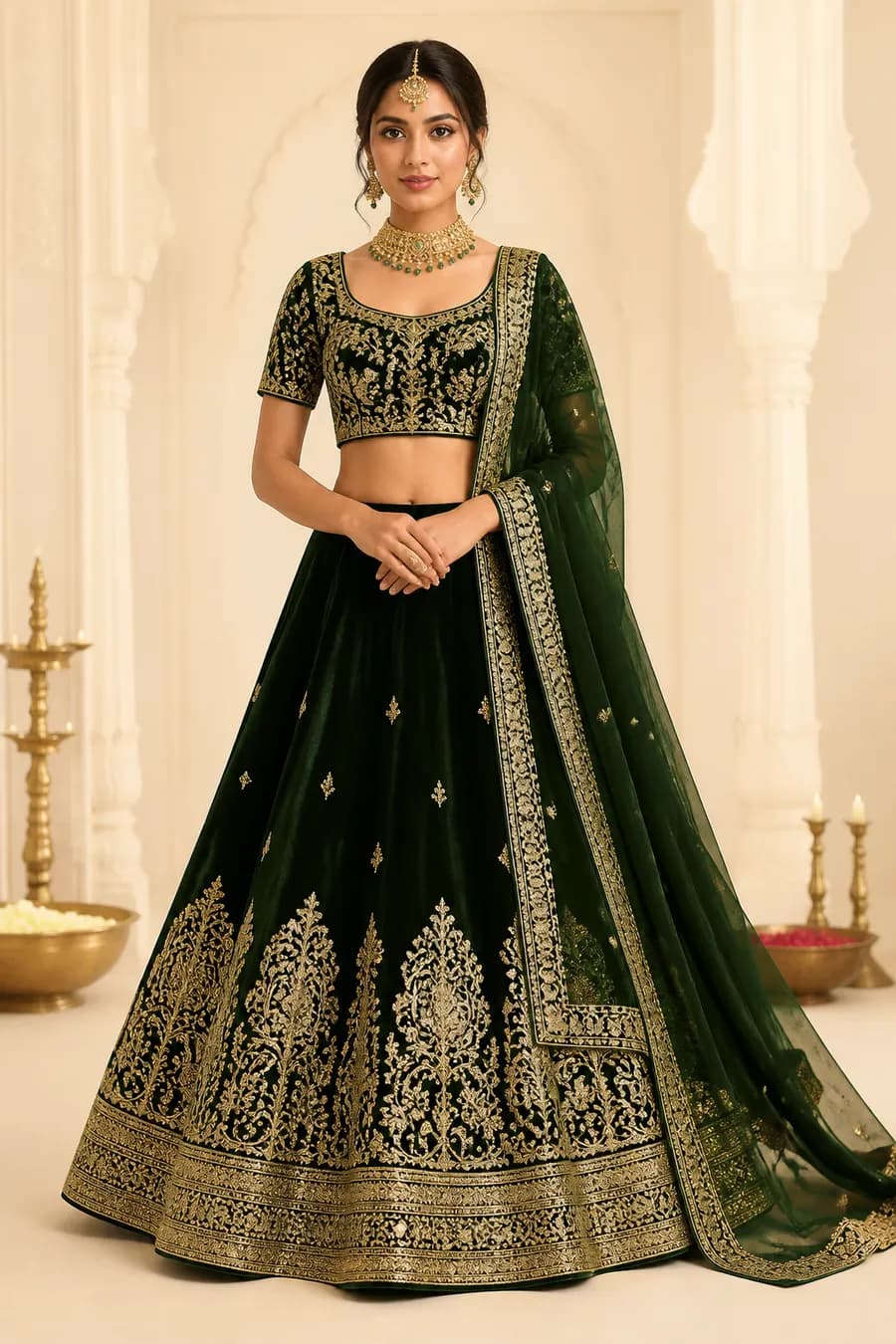 Emerald Banarasi Lehenga Set view 2