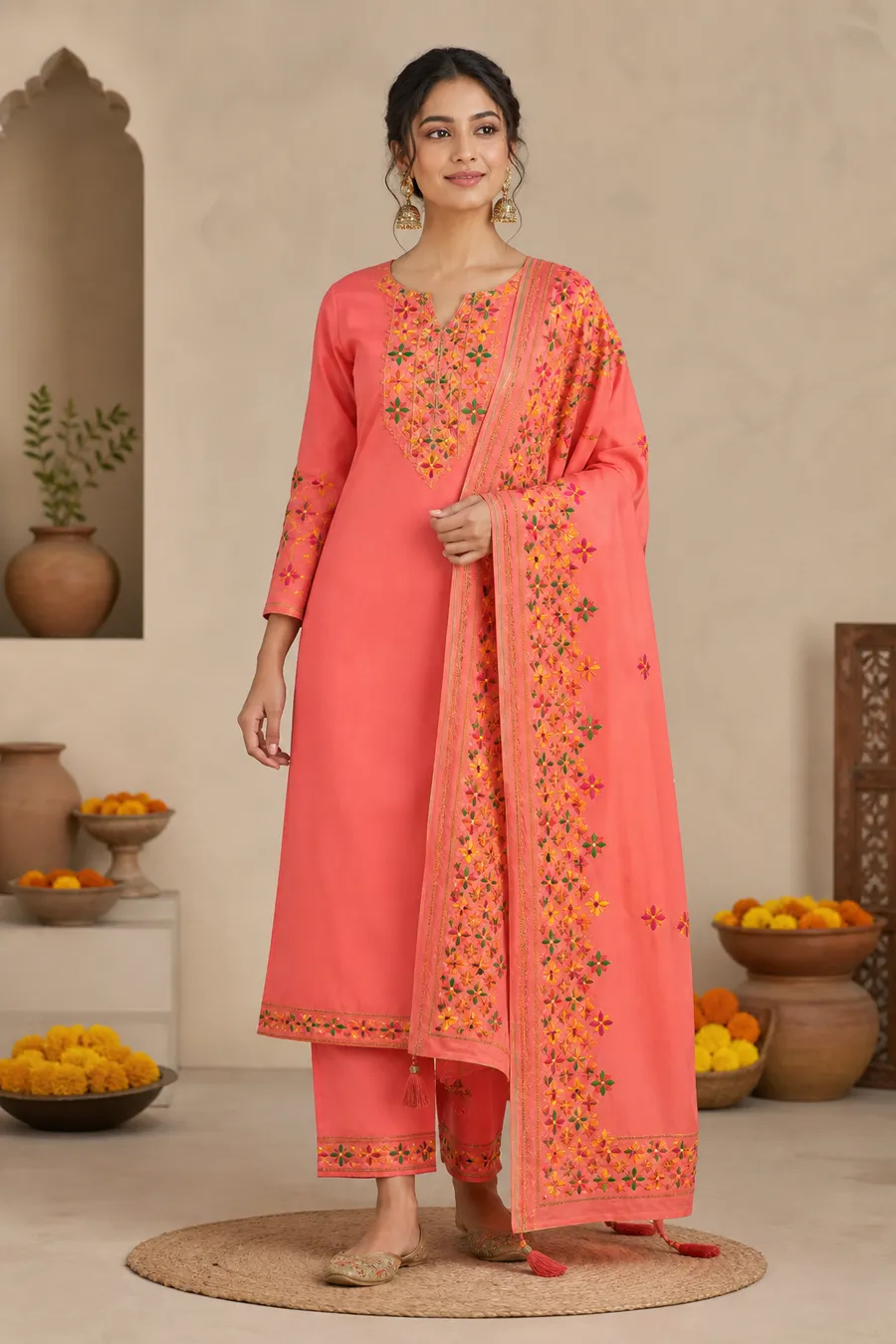 Peach Embroidered Suit