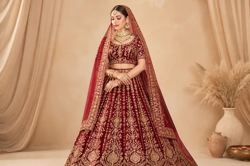 Bridal Maroon Zari Lehenga view 2